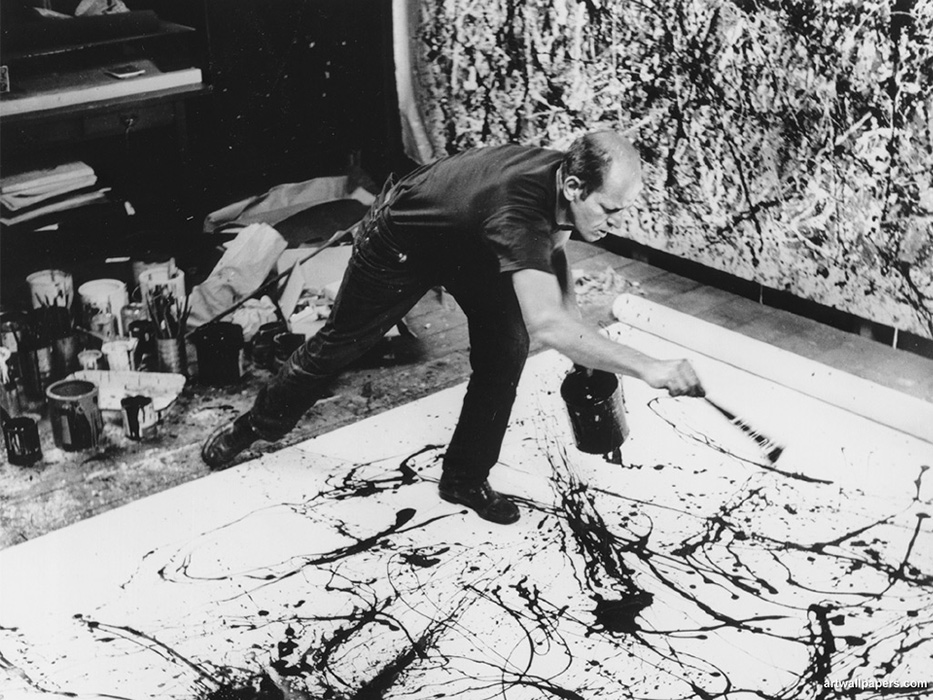 Jackson Pollock painting with his style of Drip Painting a